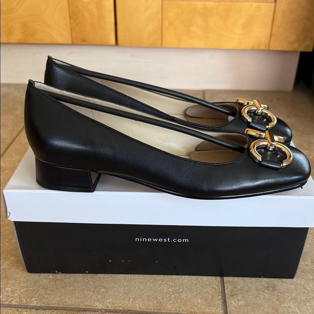 Nine West Black Heels with Gold Horse Bit Buckle Detail - Picture 2 of 5